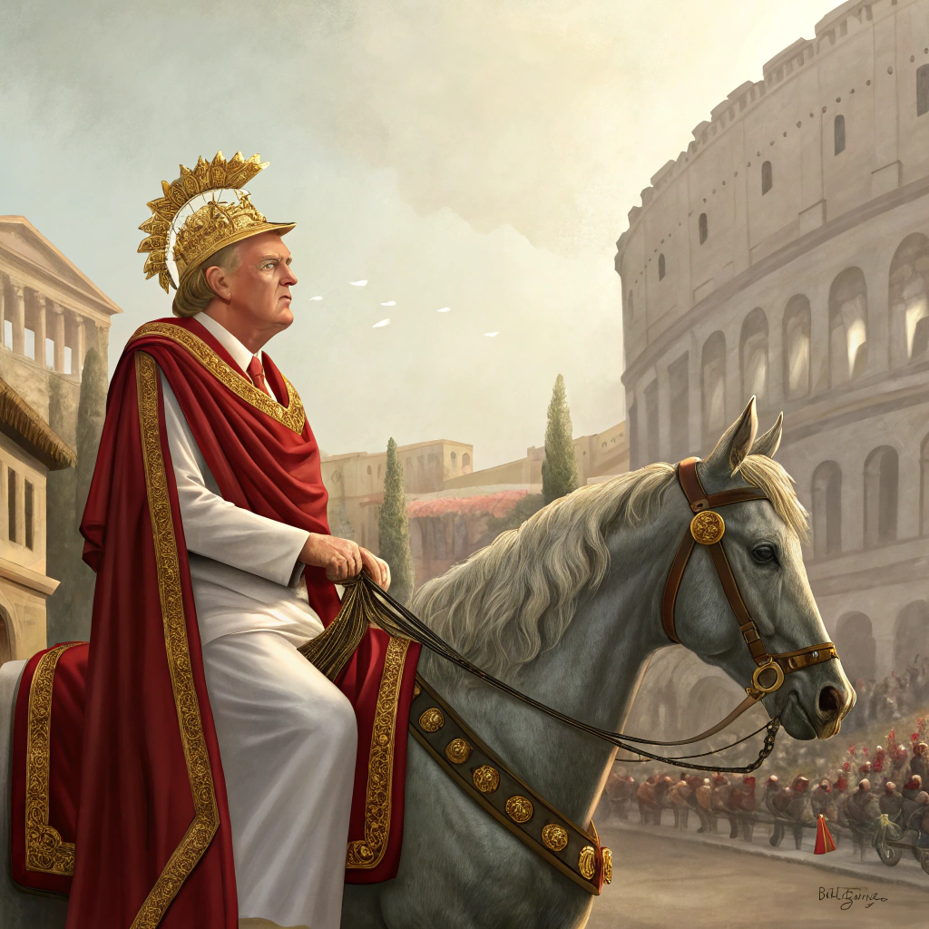 AI generated image by Red Panda AI: President Donald Trump as Winner of the Roman triumph ceremony.