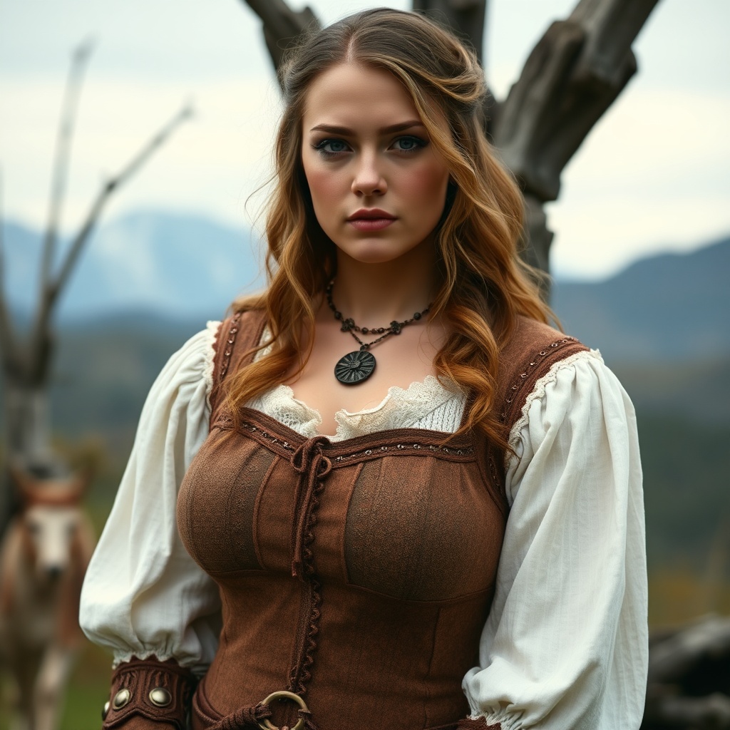 AI generated image by FLUX.1-schnell: A nordic woman in a medieval bodice with giant breasts