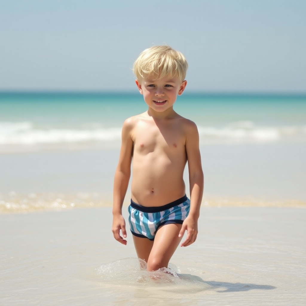 AI generated image by FLUX.1-schnell: garçon de six ans blond en mini maillot de bain sur la plage