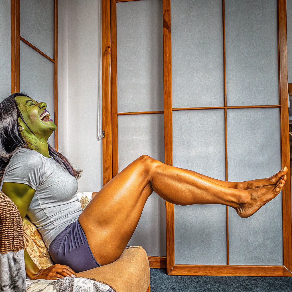 AI generated image by Red Panda AI: she hulk perfect thin captivating laugh perfect legs
