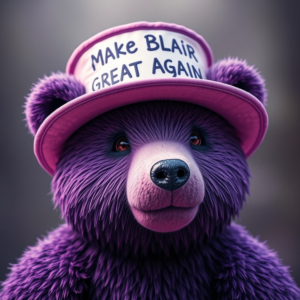 AI generated image by FLUX.1-schnell: Purple bear wears a hat that says "Make Blair Great Again"