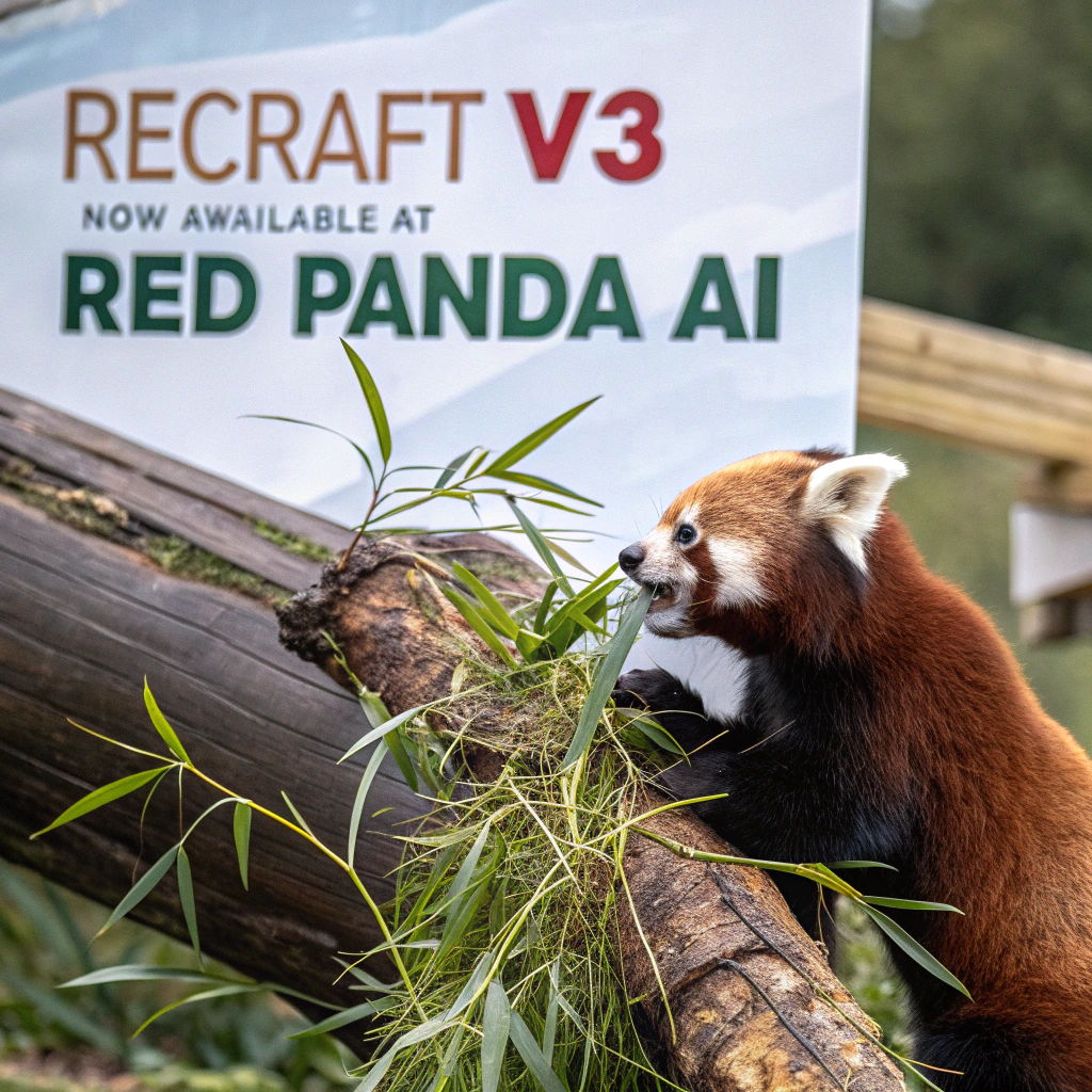 AI generated image by Red Panda AI: a red panda eating a bamboo in front of a poster that says "recraft V3 now available at red panda ai