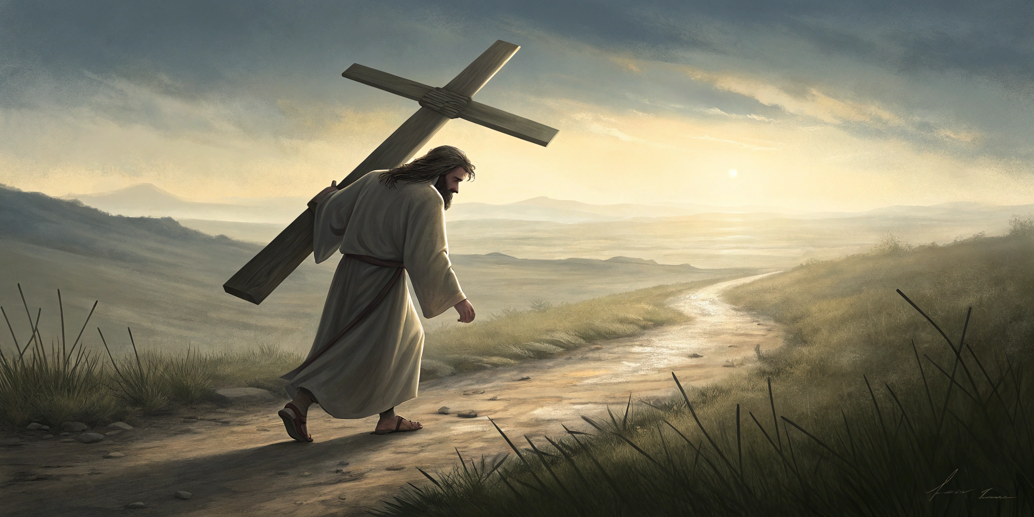 AI generated image by Red Panda AI: Jesus Christ, carrying a cross, walks along a path leading to an open landscape resembling the pages of a Bible. The scene captures Christ from a back view, evoking the essence of the crucifixion.