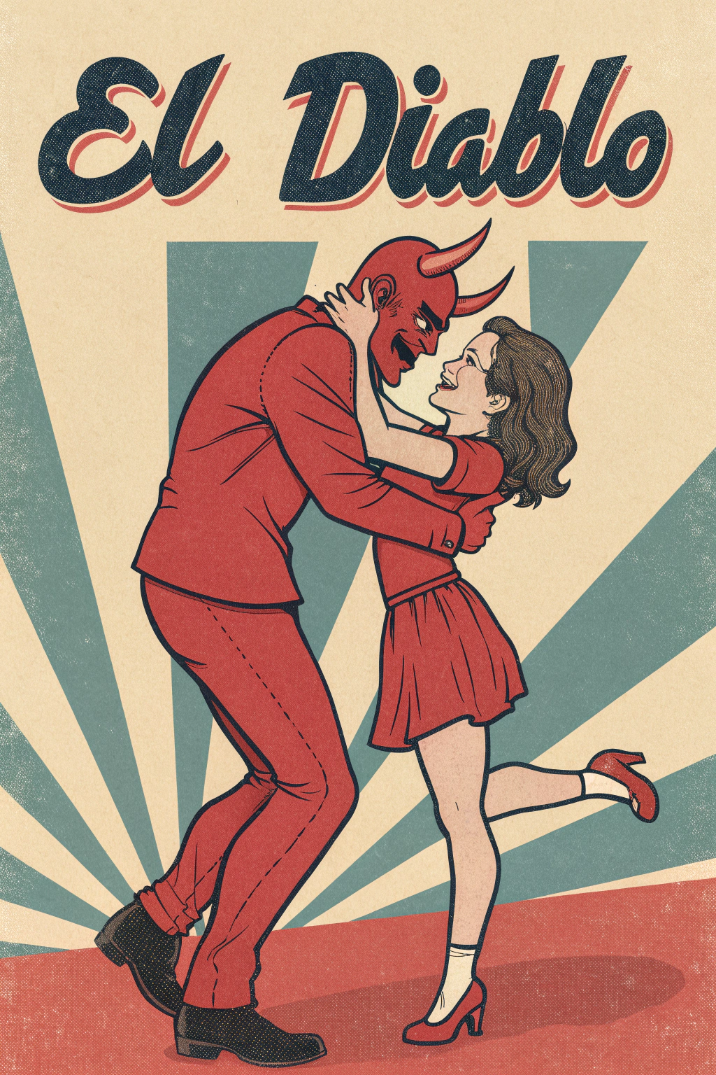 AI generated image by Red Panda AI: Prompt: a vintage 1960s movie poster with a red devil hugging a girl dressed in a short dress and heels, text "El diablo", vintage 1960s poster design 