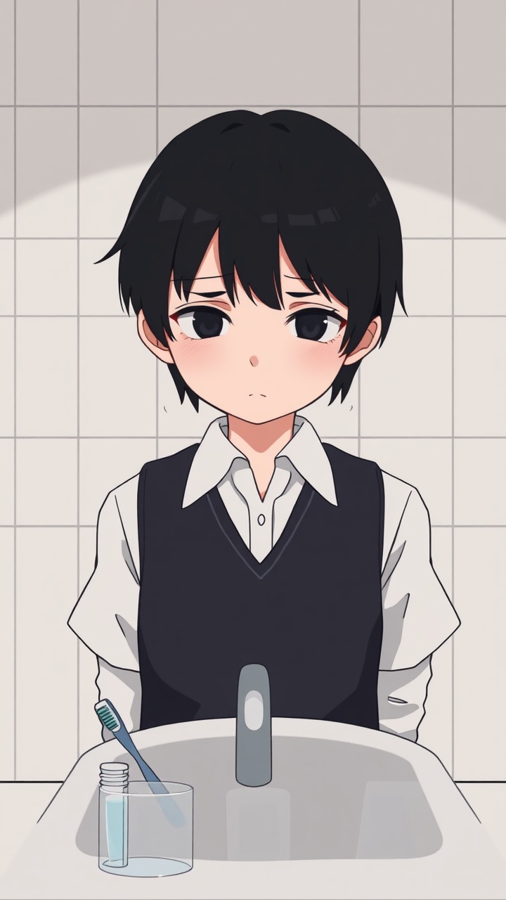 AI generated image by FLUX.1-schnell: Omocat's omori game artstyle, The image depicts a young person standing behind a bathroom sink facing the camera, their expression somber. Their dark hair is neatly styled, and they are dressed in a white shirt with a dark vest. The tiled walls behind them are plain and featureless, creating a sense of isolation. The only other elements in the scene are a toothbrush and a glass on the counter, suggesting a routine that the individual may find difficult to engage in. The overall mood of the image is melancholic, hinting at a sense of loneliness or sadness. The subdued colors and minimalist composition further contribute to the somber atmosphere.  The image leaves room for interpretation, inviting viewers to consider the inner thoughts and feelings of the subject.