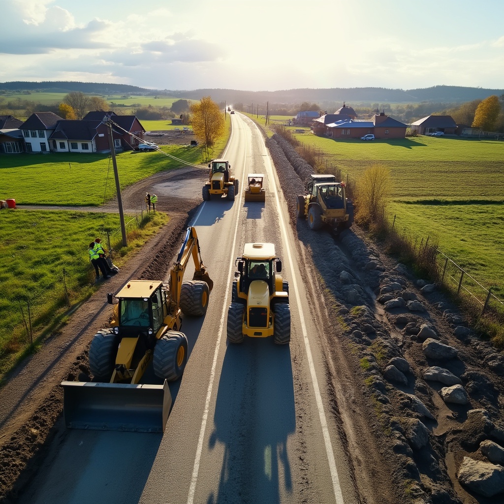 AI generated image by FLUX.1-pro: A road under construction is visible against the picturesque rural panorama stretching over the horizon. Powerful construction machinery such as excavators, road rollers and loaders are at work on the site. Workers in yellow vests direct the movement of the machines, ensuring safety and the smooth progress of the work. In the distance, traditional village buildings and green fields can be seen. The sun illuminates the entire work site, adding realism to the photo