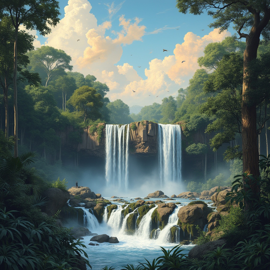 AI generated image by FLUX.1-pro: fondo cielo con cascada y bosque