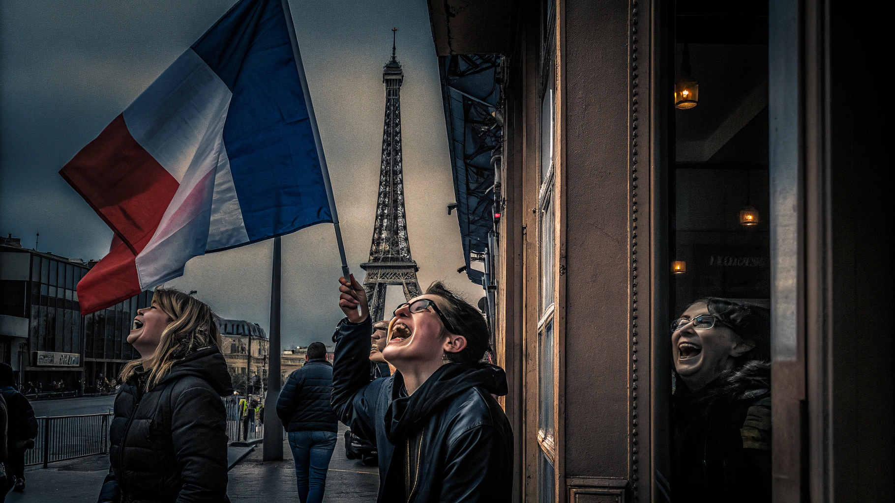 AI generated image by Red Panda AI: Des personnes avec un drapeau français, devant la Tour Eiffel qui sortent d'un restaurant et qui sont très heureux dont une personne semble rire aux éclats. 