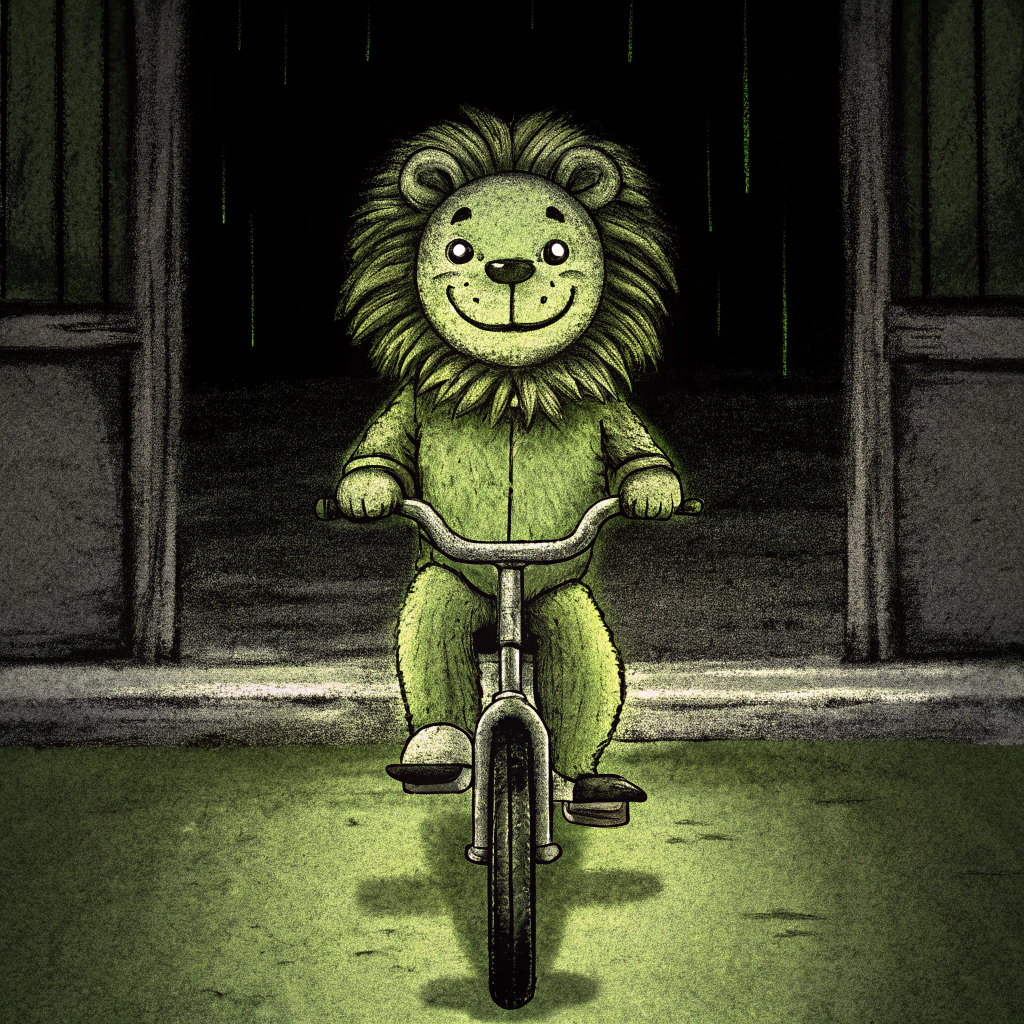 AI generated image by Red Panda AI: a lion riding a bicycle with a smiley face