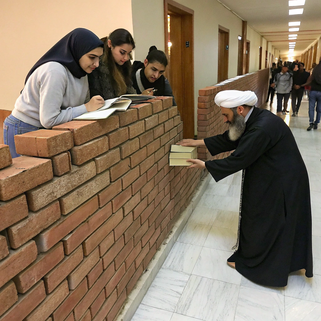 AI generated image by FLUX.1-schnell: An Iranian Mullah (cleric) is trying to build a brick wall in the middle of a university's hallway. This wall is separating male and female students, who are trying to talk and exchange books over the half-finished wall as the evil Mullah is putting the final bricks