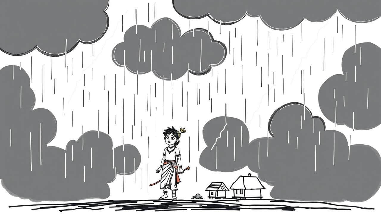AI generated image by FLUX.1-schnell: Simple whiteboard animation style drawing of young Krishna standing in rain, dark clouds and lightning, small village houses, black marker line art, white background, minimal 2D sketch.