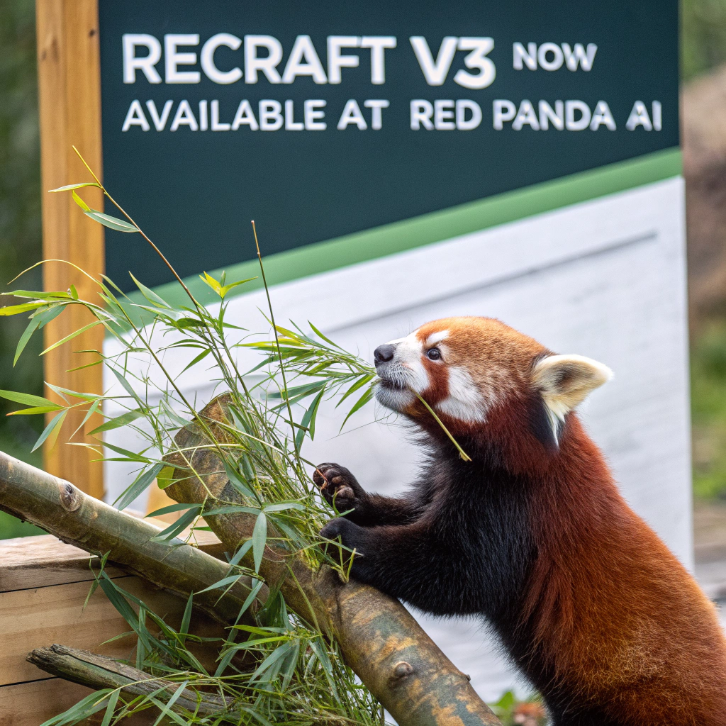 AI generated image by Red Panda AI: a red panda eating a bamboo in front of a poster that says "recraft V3 now available at red panda ai