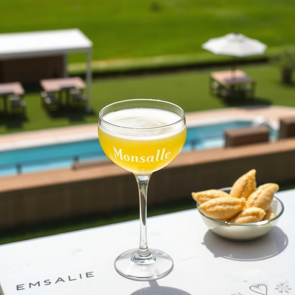 AI generated image by FLUX.1-schnell: "A single 5oz Personalized Double Old Fashioned glass, shaped: wide at the top and tapered at the base, containing a yellow Pisco Sour made with lemon. The drink is topped with a thin layer of white foam. The glass features translucent white text on its surface that reads 'Monsalve.' The glass is the only one on the table, accompanied by a dish of empanadas. The table is minimalistic, with no additional elements, set against a backdrop of a beautiful lawn with tables and canopies. No swimming pool visible, only grass in the background."