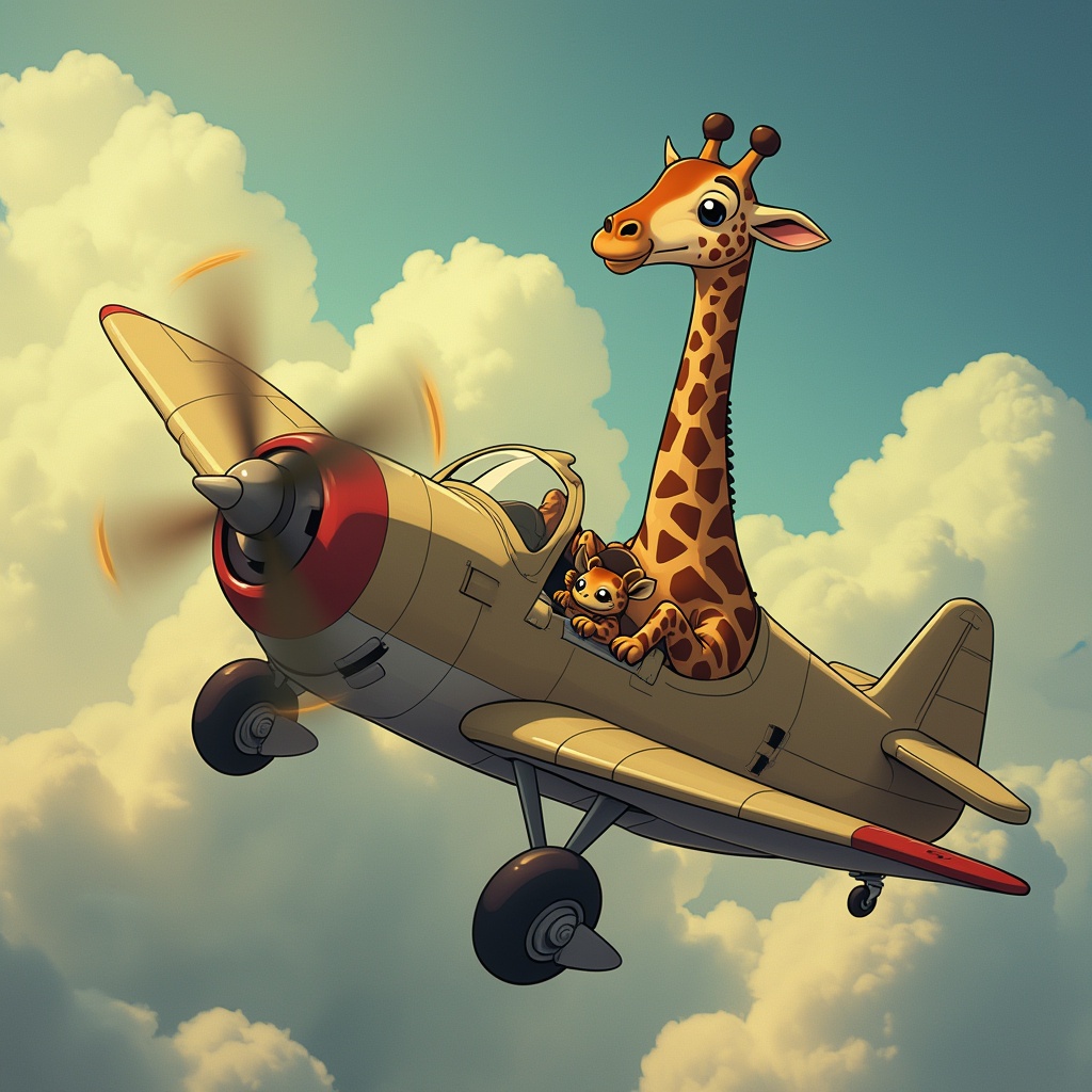 AI generated image by FLUX.1-pro: Giraffe flying a plane, Hayao Miyazaki cartoon style