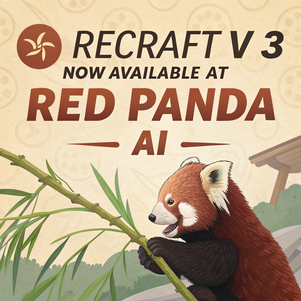 AI generated image by Red Panda AI: a red panda eating a bamboo in front of a poster that says "recraft V3 now available at red panda ai