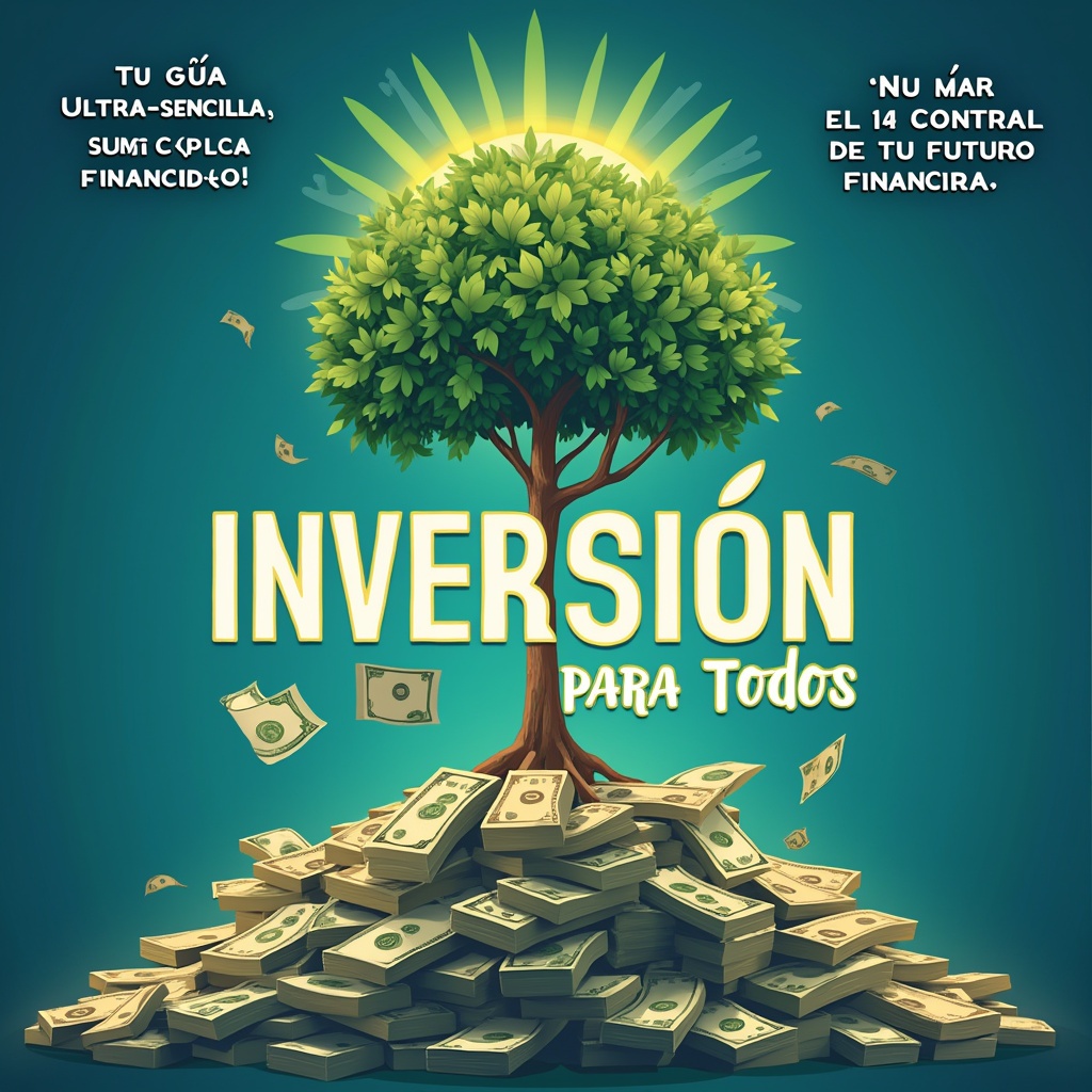 AI generated image by FLUX.1-pro: "Crea una imagen llamativa para la tapa de un libro de finanzas personales. La imagen debe incluir:

Un árbol que crece desde una alcancía, con monedas y billetes como hojas, simbolizando el crecimiento financiero.
Un gráfico de crecimiento que sube hacia el sol, representando el éxito y la prosperidad.
Fondo en tonos azul eléctrico y verde brillante, con un estilo moderno y vibrante.
Título del libro: 'Inversión para Todos', en letras grandes, blancas y con sombra dorada.
Subtítulo: 'Tu Guía Ultra-Sencilla para Tomar el Control de Tu Futuro Financiero', en un tamaño más pequeño pero legible.
Emojis estratégicos: un emoji de dinero con alas 💸 en la esquina superior derecha y un emoji de manos celebrando 🙌 en la esquina inferior izquierda.
Estilo de ilustración: moderno, limpio y profesional, con un toque amigable y accesible.
Luz y sombras: usa iluminación suave para dar profundidad y un aspecto atractivo.
Composición equilibrada: asegúrate de que todos los elementos estén bien distribuidos y no se sature la imagen."
Opcional:
Si quieres un estilo específico, puedes añadir:

"En el estilo de ilustración moderno y minimalista, similar a los libros de finanzas más vendidos."
"Con un toque de realismo mágico para hacerlo más atractivo."
Este prompt es lo suficientemente detallado para que la IA genere una imagen que se ajuste a la visión de la tapa. ¡Espero que funcione perfectamente! 🚀🎨 Si necesitas ajustar algo más, ¡avísame! 😊