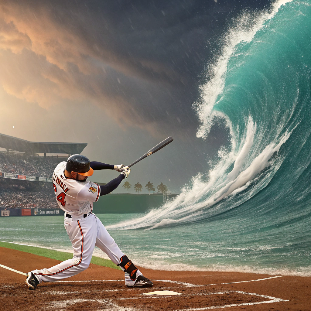 AI generated image by Red Panda AI: orioles baseball player hitting a home run over a tidal wave
