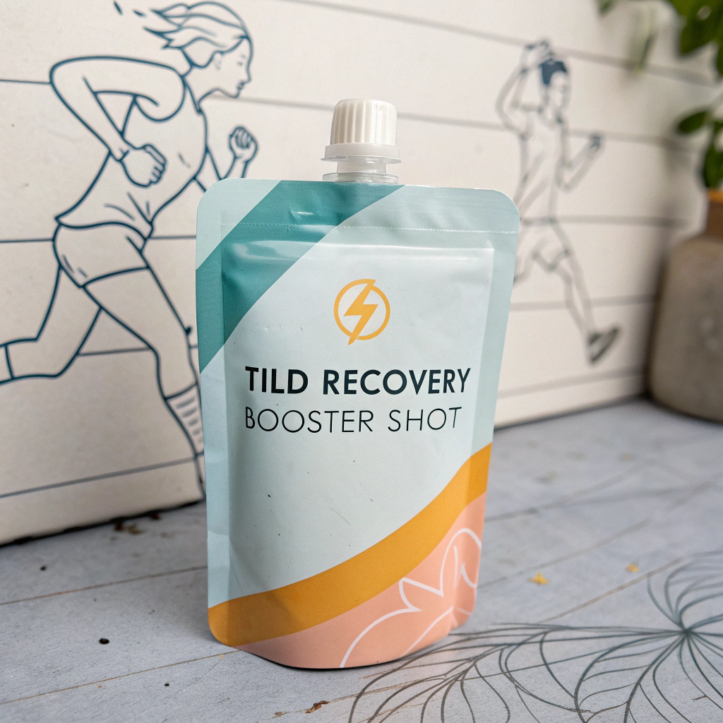 AI generated image by FLUX.1-schnell: A realistic and detailed depiction of a 200ml spout pouch with the product name 'TLID RECOVERY BOOSTER SHOT.' The design includes a circular or curved shape combined with a lightning bolt symbol to represent recovery and boosting. The background features a modern, minimalist line-art illustration of a running person. The main color palette is based on pastel blue and pastel orange, with a neon green accent applied only to the 'TLID' part of the product name.