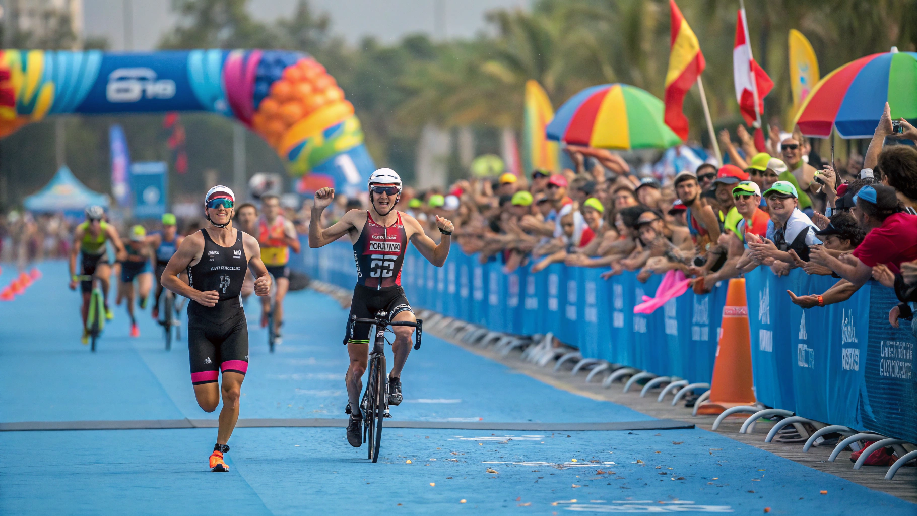 AI generated image by Red Panda AI: triatletas, en un triatlon multitudinario, que sea una fiesta