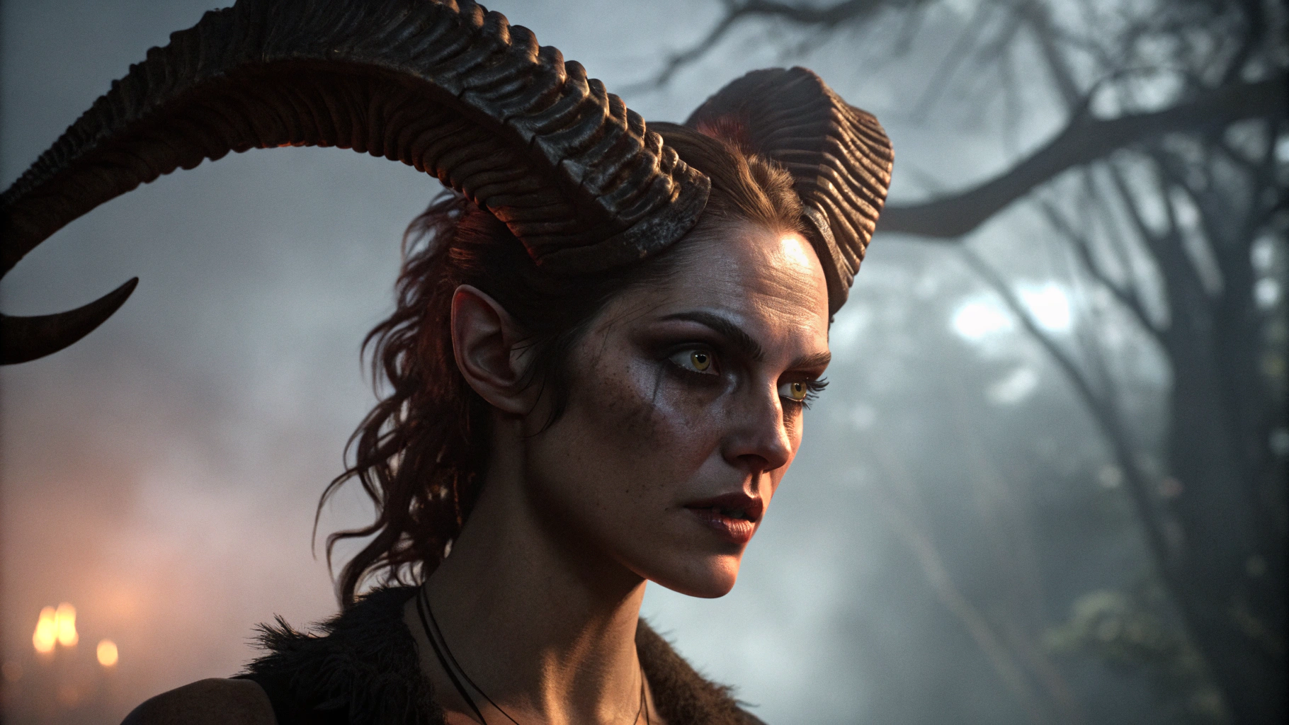 AI generated image by Red Panda AI: a closeup shot of the face of lilith with horns from diablo 4, dark and mystic lighting, foggy background