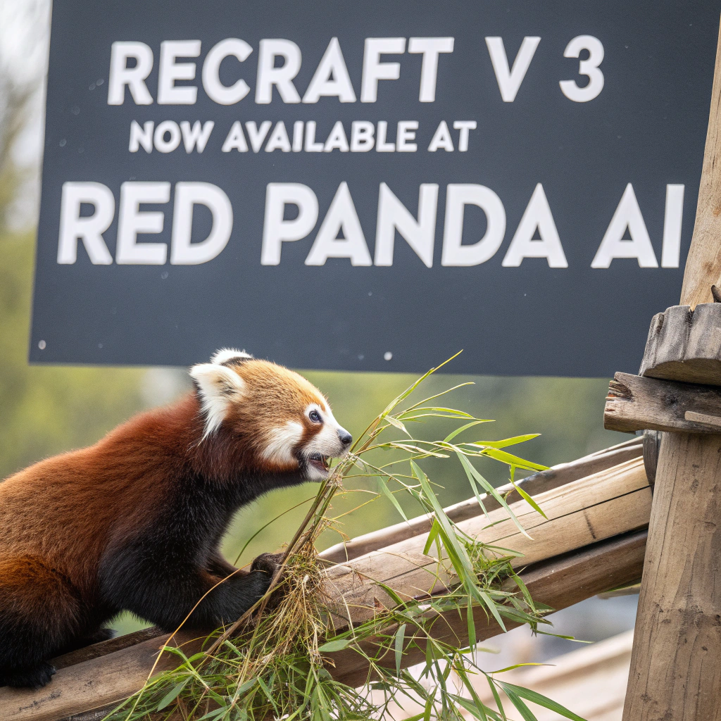 AI generated image by FLUX.1-schnell: a red panda eating a bamboo in front of a poster that says "recraft V3 now available at red panda ai