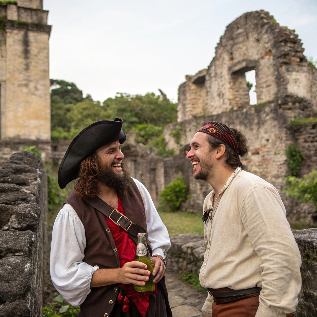 AI generated image by Recraft V3: es un pirata del siglo 19 tomando una cerveza con un joven del siglo 21. Ambos sonríen pasando un momento agradable. Están en una ciudad de piedra (son ruinas en realidad) de la ciudad de Panamá.