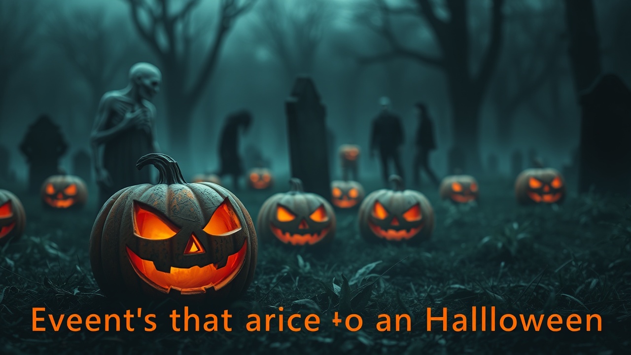 AI generated image by FLUX.1-schnell: Creepy Jack O' Lanterns sitting in a graveyard. Zombies in the distant background walking around. Make it gloomy, misty, dark. Scary. Add the words "Events that took place on Halloween"