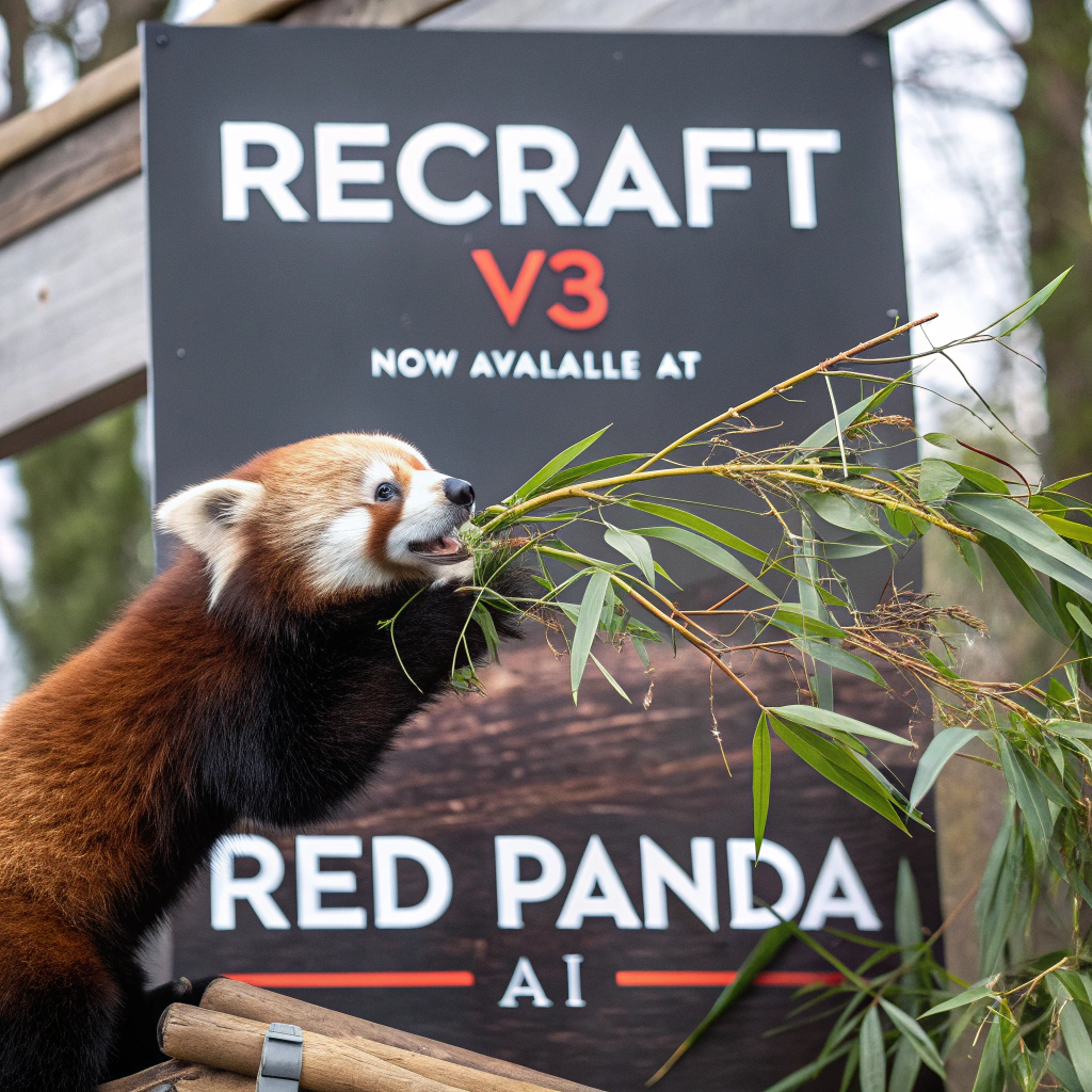 AI generated image by Red Panda AI: a red panda eating a bamboo in front of a poster that says "recraft V3 now available at red panda ai