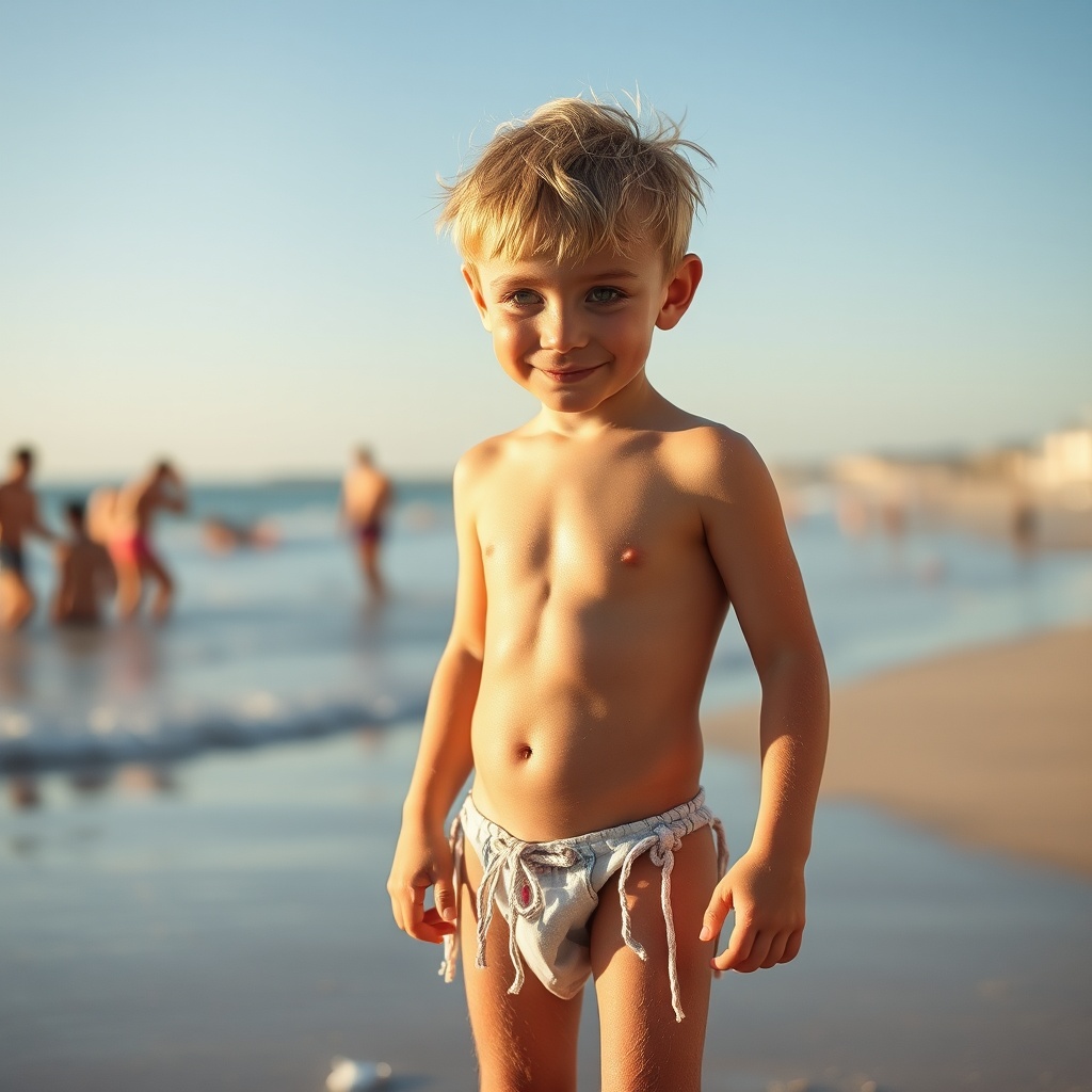 AI generated image by FLUX.1-schnell: garçon de six ans blond en mini string de bain sur la plage