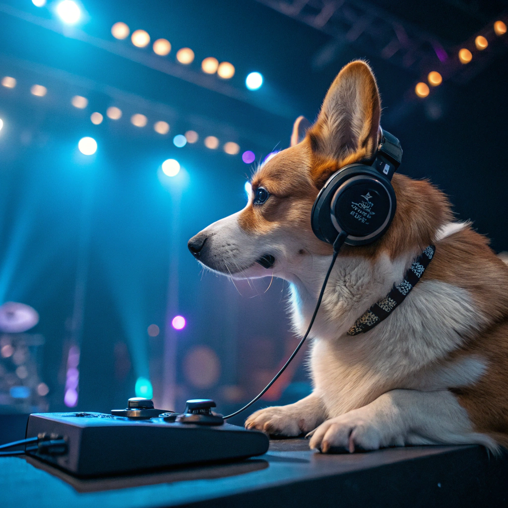AI generated image by Red Panda AI: 
a corgi dog, controlling the lighting of a live show, he is sitting like an operator leaning over the controller