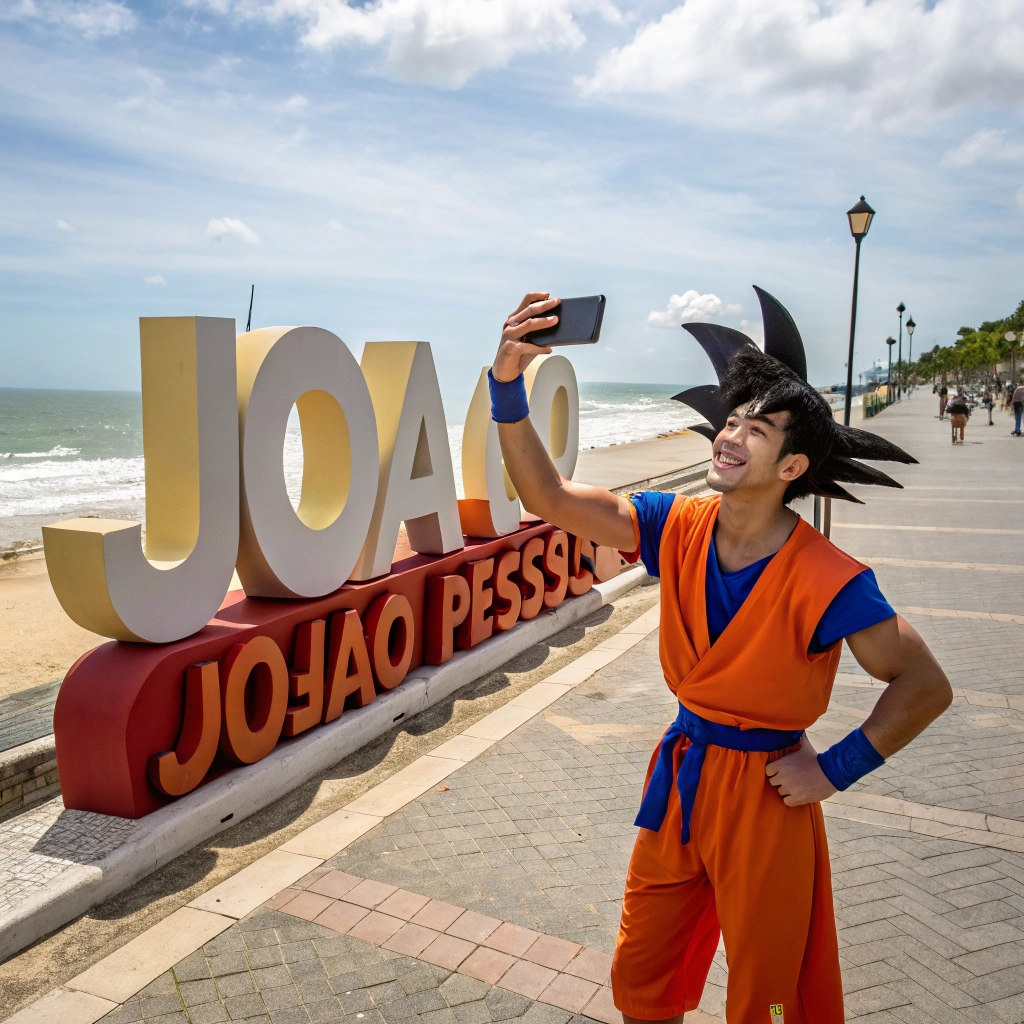 AI generated image by Red Panda AI: Crie uma imagem realista do Goku, personagem da Série Dragon Ball Z, tirando uma Selfie, na placa João pessoa, que existe na orla do cabo branco, na cidade de João Pessoa na Paraiba