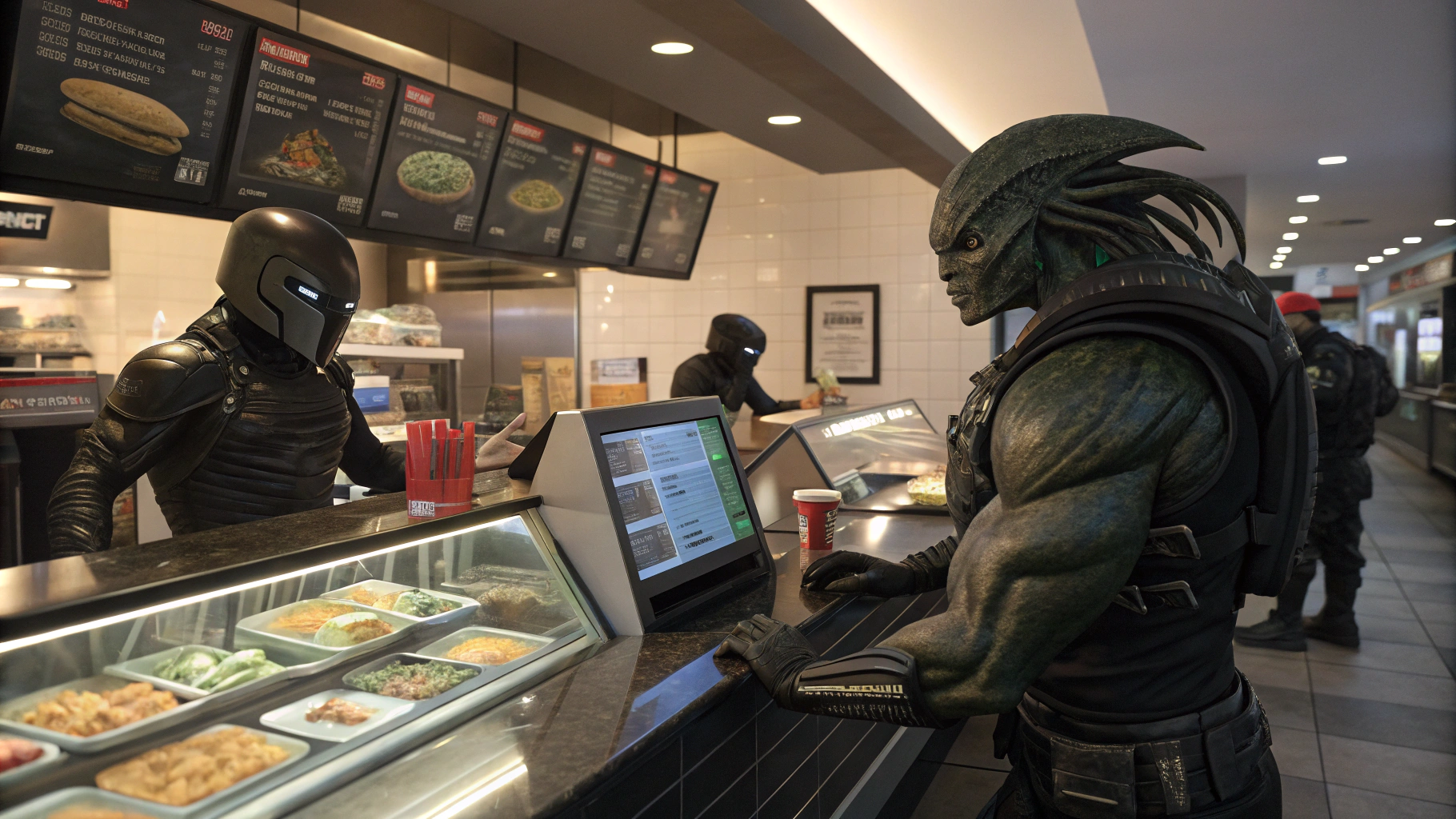 AI generated image by Red Panda AI: Point of view from a security camera in a food establishment, a muscular alien is buying food at the counter, in the background there are more Venom-style aliens 