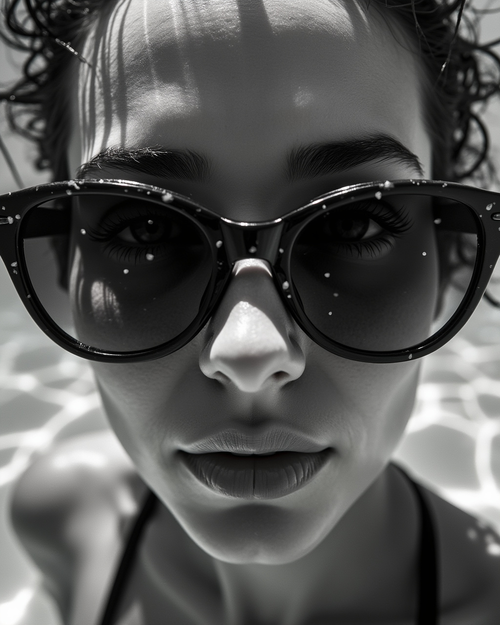 AI generated image by FLUX.1-pro: black and white close-up underwater photo of a very wet beautiful woman half-face with sunglasses below water level. Backlight 