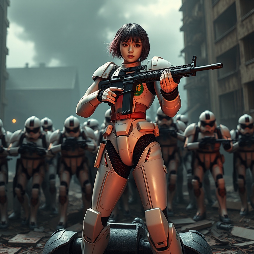 AI generated image by FLUX.1-schnell: Masterpiece full body of a Real Man,Virtual reality, skin like a real person , Best Quality,Beauty, full body image,War Cinematography , best shadows best illustrations Wallpaper size 1080×2400 px Detailed A realistic sci-fi image, similar to Hollywood movies. Full-length image of a Southeast Thai girl 14 years old very very big breasts, big breasts, short hair, dark pink and blue hair, white skin hold a AR-15 gun and aim and fire it forward, her face looking straight ahead but her eyes looking to the right. Her face shows an indifferent but powerful expression on her face. There is a long blood-streaked map. She is wearing a modern but retro robot costume in light green and pink color with the logos green text of "CGM48", and pink text of "BNK48", on the costume. She is standing on the feet of a large robot (only the robot's feet are visible). Low-key lighting gives an apocalyptic feel. The background is a collapsed building with billowing smoke. GUNDAM image. Many storm troopers are chasing after him from behind.