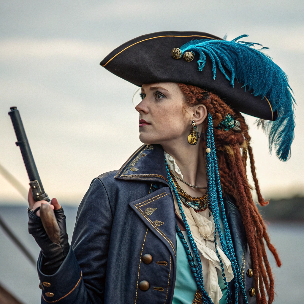 AI generated image by FLUX.1-schnell: a pirate officer, a black hat with a blue iridescent feather on top, she has red dreadlocks with blue and golden beads, a dark blue leather jacket, a light colored blouse, she is holding a pirate pistol