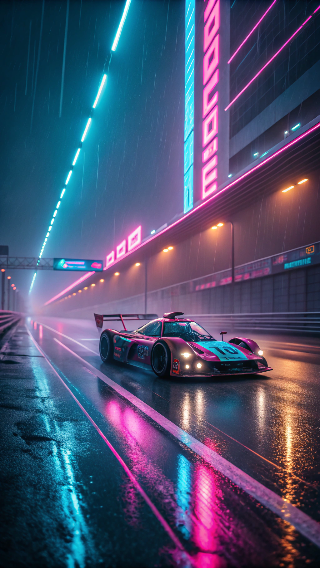 AI generated image by FLUX.1-schnell: FUTURISTIC RACE CAR DRIFTING ALONG WET HIGHWAY UNDER NEON LIGHTS