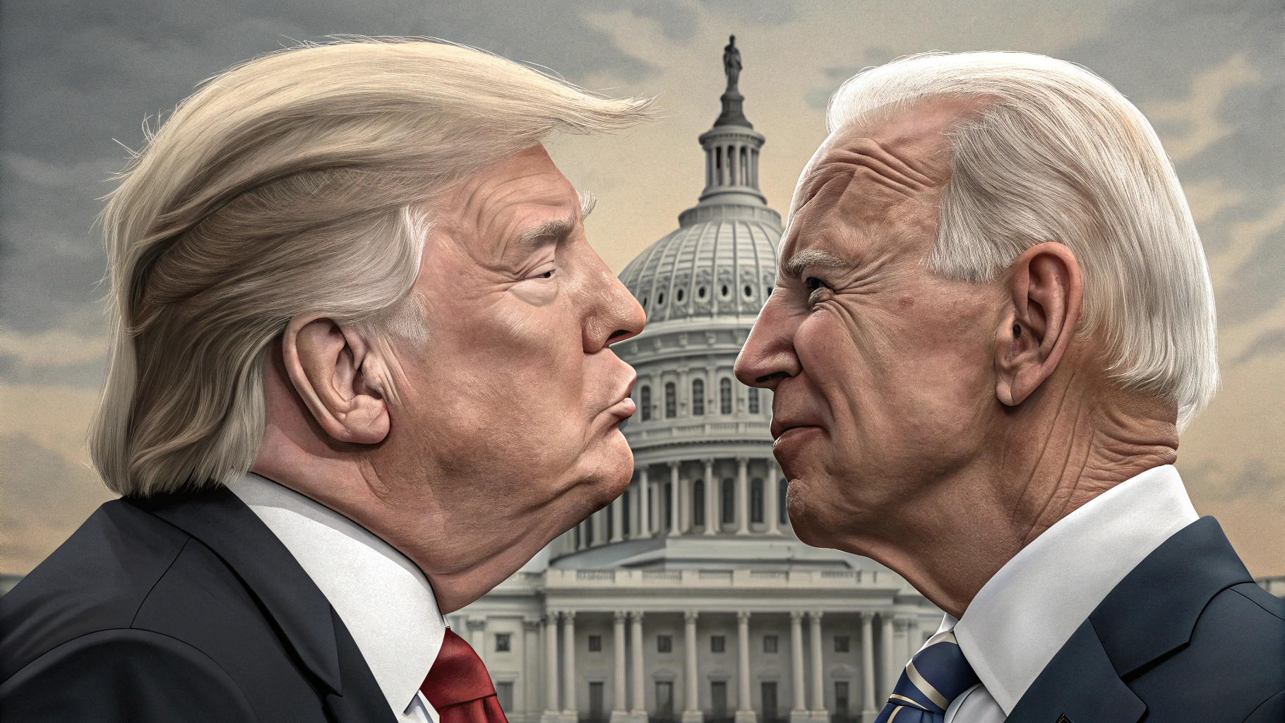 AI generated image by Red Panda AI: create a close-up image of Donald Trump kissing Joe Biden on the mouth, in front of the National Capitol, realistic photo style in high definition,