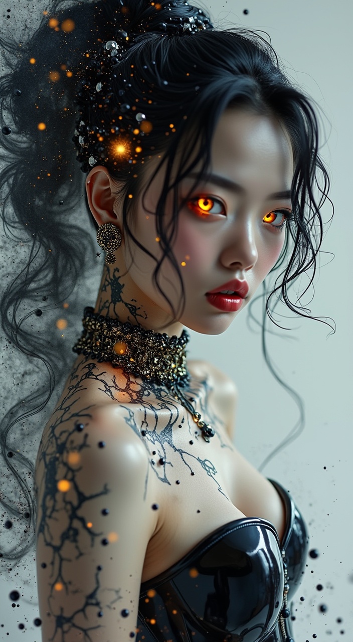 AI generated image by FLUX.1-pro:  Create a hyper-realistic surreal portrait where reality fractures into beautiful impossibility: a modern japanese femme fatale whose amber eyes emit an otherworldly luminescence     , her liquid-obsidian hair defying gravity in a high ponytail where strands transform into ethereal smoke, intertwining with floating  black pearls particles that orbit her form like microscopic galaxies, while her  hair accessory morphs between solid and liquid states, defying physics by dripping upward into the void, her choker manifesting impossible geometries that pulse with mechanical life as the designer pendant seems to sink into a dimension beneath her skin creating reality ripples, her sleek latex corset-style top with a plunging sweetheart neckline reflecting light in physically impossible ways - simultaneously absorbing all light while emitting otherworldly bioluminescence, its material state fluctuating between liquid, solid, and vapor in mesmerizing paradox, each seam and curve of the fitted bodice creating ripples in the fabric of reality itself, skin transitioning between porcelain smoothness and crystalline fragments where golden circuit-like veins peek through the epidermis that fractals into infinite patterns, iridescent lips shifting colors with every angle despite the static nature of the image, all while the background warps into a vortex of inverse watercolor physics where paint flows against gravity and abstract forms suggest familiar shapes that dissolve upon focused attention, multiple impossible light sources creating contradictory shadows and highlights that challenge spatial perception, with microscopic details revealing infinite recursions hidden within textures that become increasingly surreal upon closer inspection, the entire composition dancing on the knife-edge between photorealistic precision and impossible surrealism, manifesting as a beautiful hallucination captured in perfect clarity where every element seems to breathe and move in peripheral vision yet remains hauntingly still when directly observed, creating an image that feels like a dream made tangible through digital artistry.  