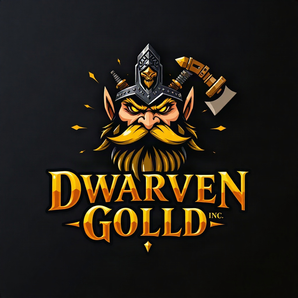 AI generated image by FLUX.1-schnell: A badass logo for Dwarven Gold Inc. would be a stylized dwarf's face, fierce and bearded, with glowing golden eyes. His helmet could have intricate runes carved into it, and a massive pickaxe crossed with a gleaming gold nugget behind him. The company name in bold, ancient-looking font with a metallic gold finish, maybe with a subtle hammer or anvil motif worked into the letters. Dark slate background with fiery orange and gold accents to give it that underground forge vibe.
