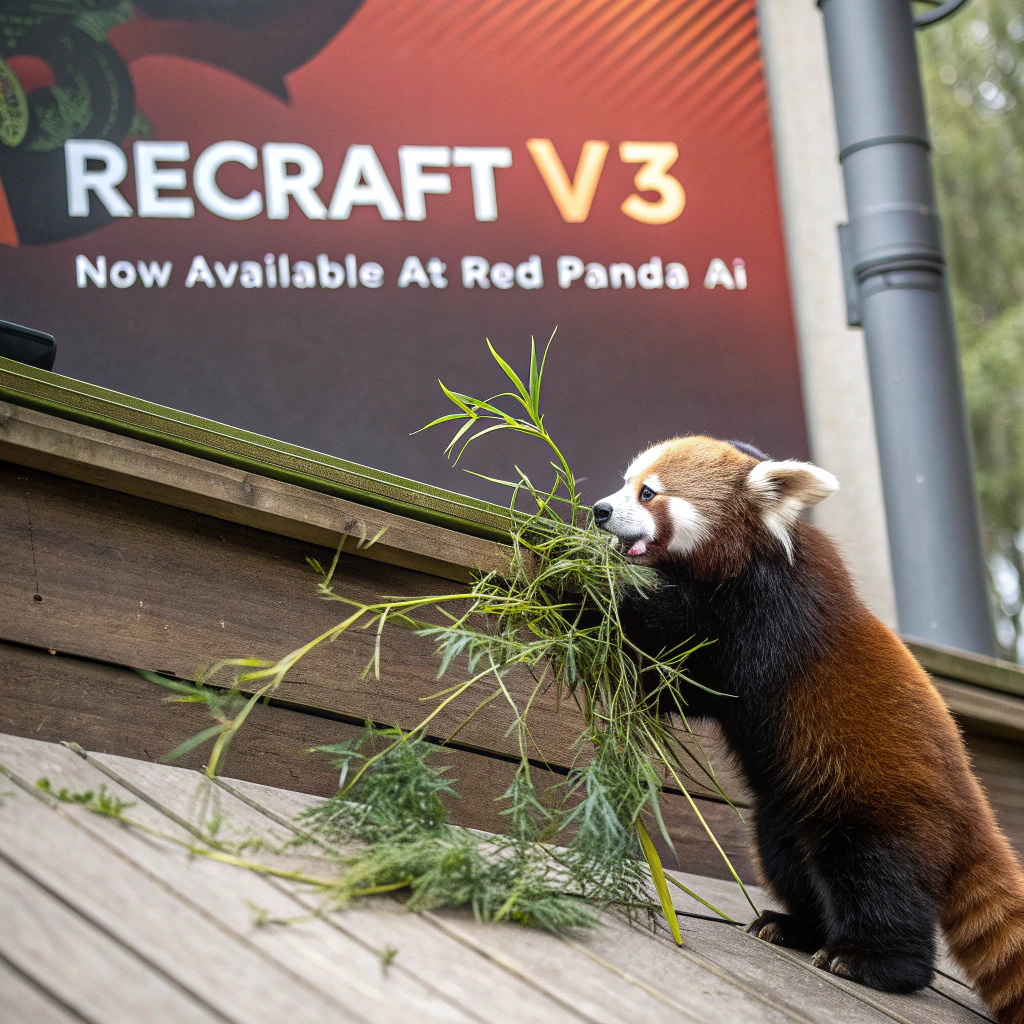 AI generated image by Red Panda AI: a red panda eating a bamboo in front of a poster that says "recraft V3 now available at red panda ai