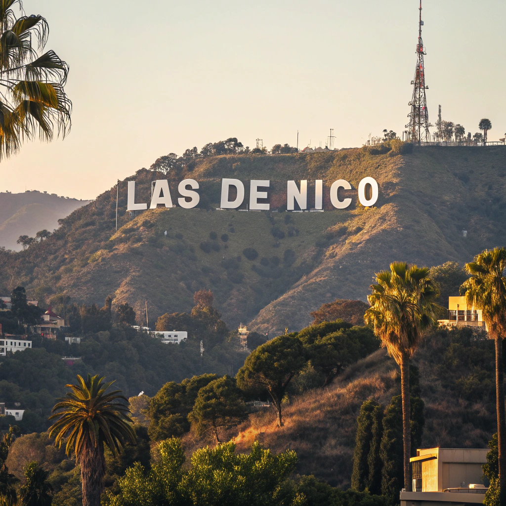 AI generated image by Red Panda AI: una imagen de hollywood que en ves de decir hollywood diga "Las De Nico