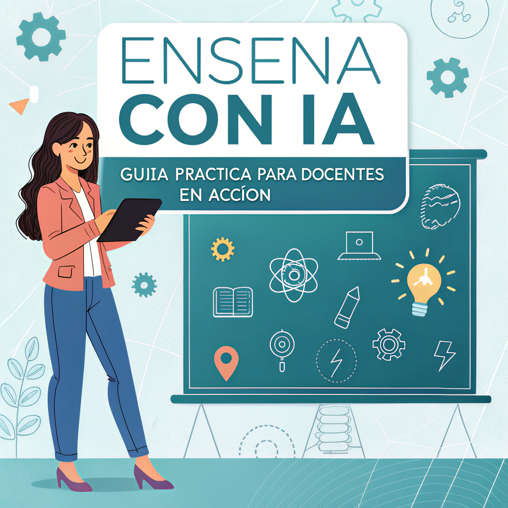 AI generated image by Red Panda AI: Design a vibrant and modern ebook cover titled ‘Enseñá con IA: Guía Práctica para Docentes en Acción’. The composition should feature a friendly female teacher in her 30s, standing in front of a digital blackboard with holographic elements, symbols of artificial intelligence (brain icon, gears, circuits), and classroom icons (books, lightbulb, students silhouettes). She is smiling and holding a tablet. The overall style should be colorful, clean and eye-catching. Use a blend of turquoise, electric blue, and white to represent technology and trust. Add soft gradients, digital glow effects, and modern sans-serif fonts. The layout must include the title at the top in bold letters and a subtitle below in smaller font. Include a futuristic background with subtle elements like data flow or code lines. The mood should be inspiring, professional and empowering for educators. Style: 2.5D semi-realistic, high-quality digital illustration.”