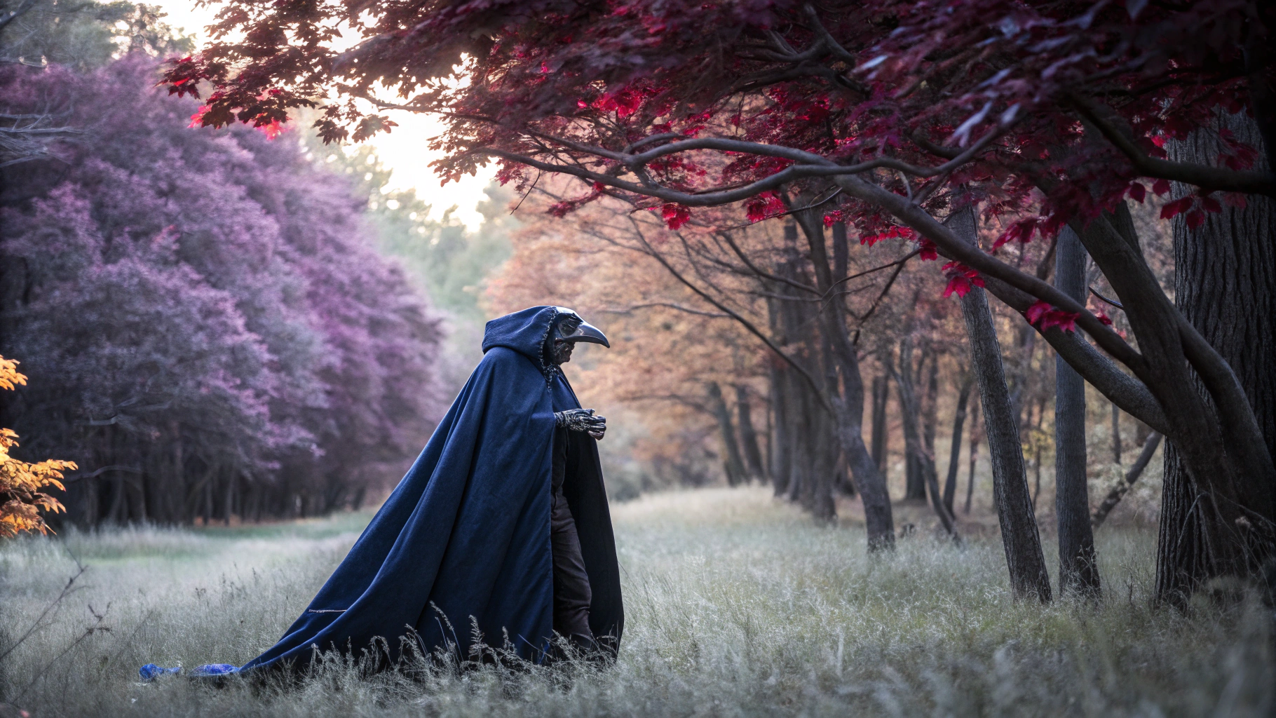 AI generated image by Red Panda AI: Create a detailed image of a mysterious, lush forest with treetops and leaves in shades of purple and red, contrasting against a ground of greyish grass. In the center of the scene stands a humanoid mage with the head of a skeletal crow, their form eerie yet majestic. They wear a mantle of feathers shaped like wings, and their hands are a blend of crow talons and human fingers. A dark blue and black cape lightly floats around them, adding to their otherworldly presence. Soft, mystical light filters through the trees, illuminating the mage and adding an enchanting, mysterious atmosphere to the forest