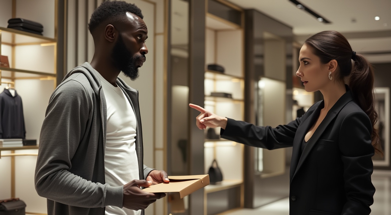 AI generated image by FLUX.1-pro: 
Create an image set inside a luxury store, showing a man in profile, wearing a white t-shirt and a grey sports jacket, holding an envelope or letter in his hands. The man should be Sadio Mané, dressed in sportswear, with a confused expression. In front of him, there is a woman in a black suit with her hair tied back, pointing at him in an angry and forceful manner, as if she is kicking him out of the store. The background should show the interior of a luxury store with high-end shelves and modern details. There should be no text or symbols, and the focus should be on the interaction between the two characters.