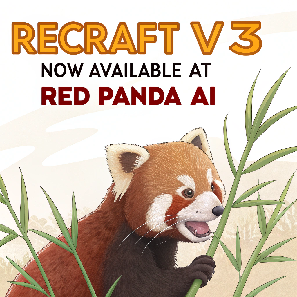 AI generated image by Red Panda AI: a red panda eating a bamboo in front of a poster that says "recraft V3 now available at red panda ai