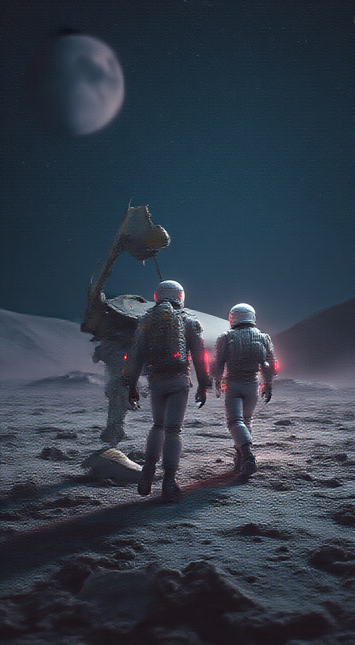 AI generated image by FLUX.1-pro: "In a futuristic on the dark Moon, a crashed is UFO space vehicle is embedded in the lunar soil, half inside and half outside of the surface, in a state of ruin. lit futuristic astronauts approach the craft, examining it with curiosity. barren gray landscape and a star-filled sky, while the astronauts wear striking, modern suits illuminated by vibrant