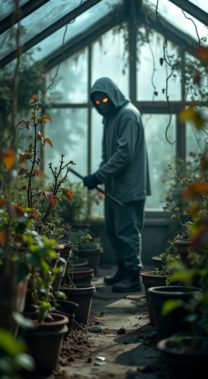 AI generated image by FLUX.1-pro: garden greenhouse, shown from a close-up perspective through fogged glass, where a ghostly gardener with hollow eyes tends to wilted, twisted plants. its smoky form blends with the shadows, and its eyes glow faintly as it works silently. professional film grain horror photography captures the broken pots, overgrown vines, and the eerie silence inside, turning the greenhouse into a dark sanctuary for forgotten souls.