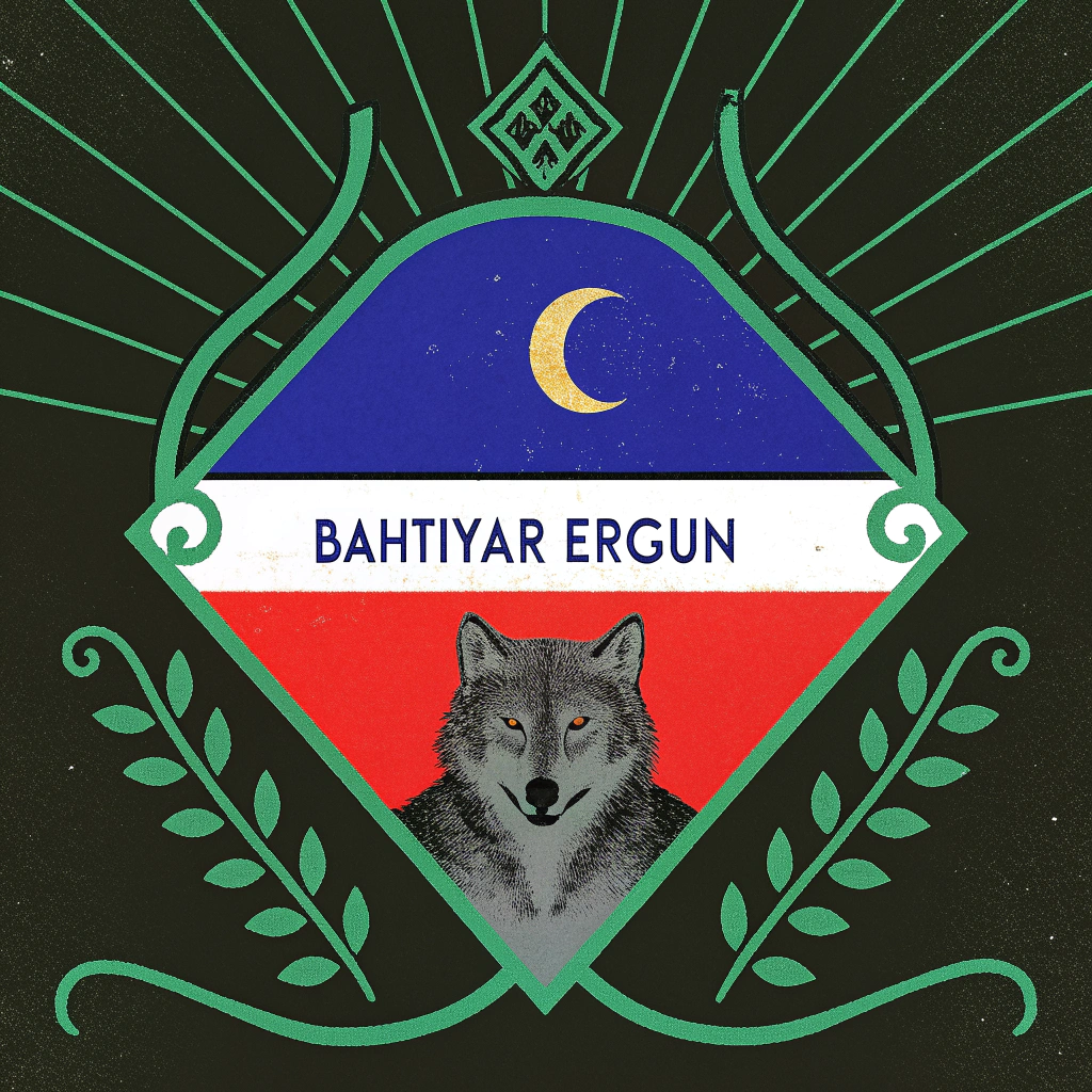 AI generated image by Red Panda AI: The hyper-realistic photograph of a grey wolf with an amber glow in its eyes is placed inside an ornate heart-shaped frame. The frame is placed on a rich gold banner with the text ‘Bahtiyar Ergün’. Above the frame is a dark red background with a gold gradient. The frame and banner have intricate metallic detailing, including ornate gold gilding and elements of the Turkish flag with a prominent crescent moon. The image has a dominant red and gold colour scheme with premium diamond highlights. The lighting is dramatic with golden shimmer effects.
