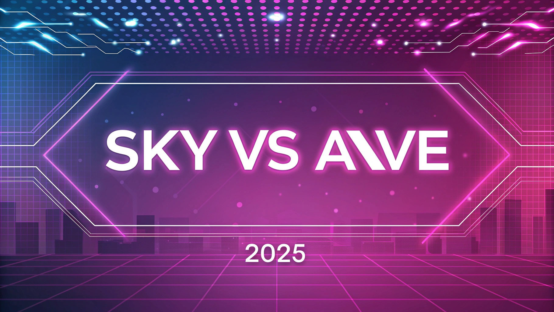 AI generated image by Red Panda AI: Futuristic banner for a blogpost, with fintech sci-fi pink violet colors and fintech background in a tech article style. Big title "SKY vs AAVE" and small title "2025"