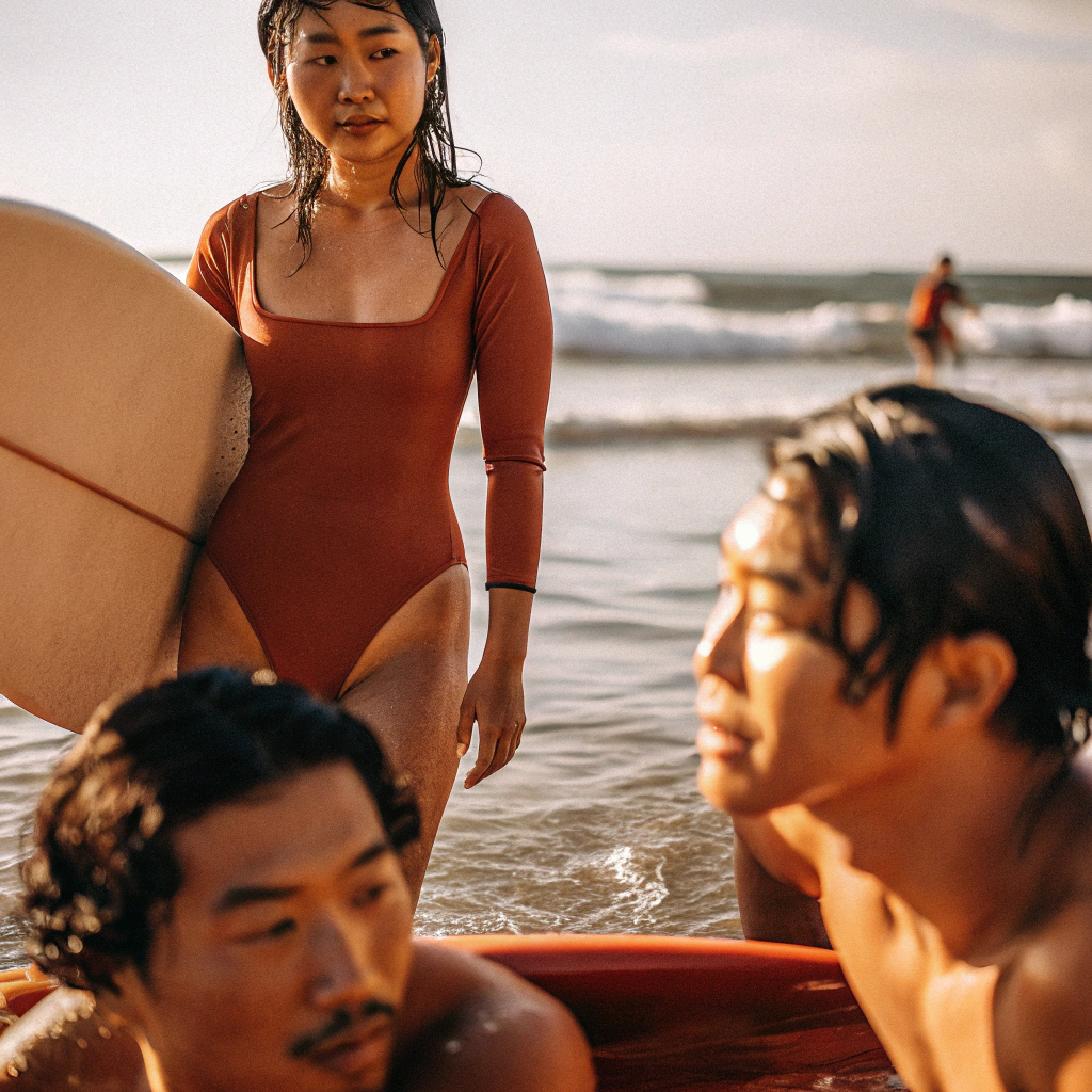 AI generated image by Red Panda AI: A beautiful Korean woman stands on the beach in a swimsuit and men in the water look at her with fascinated expressions